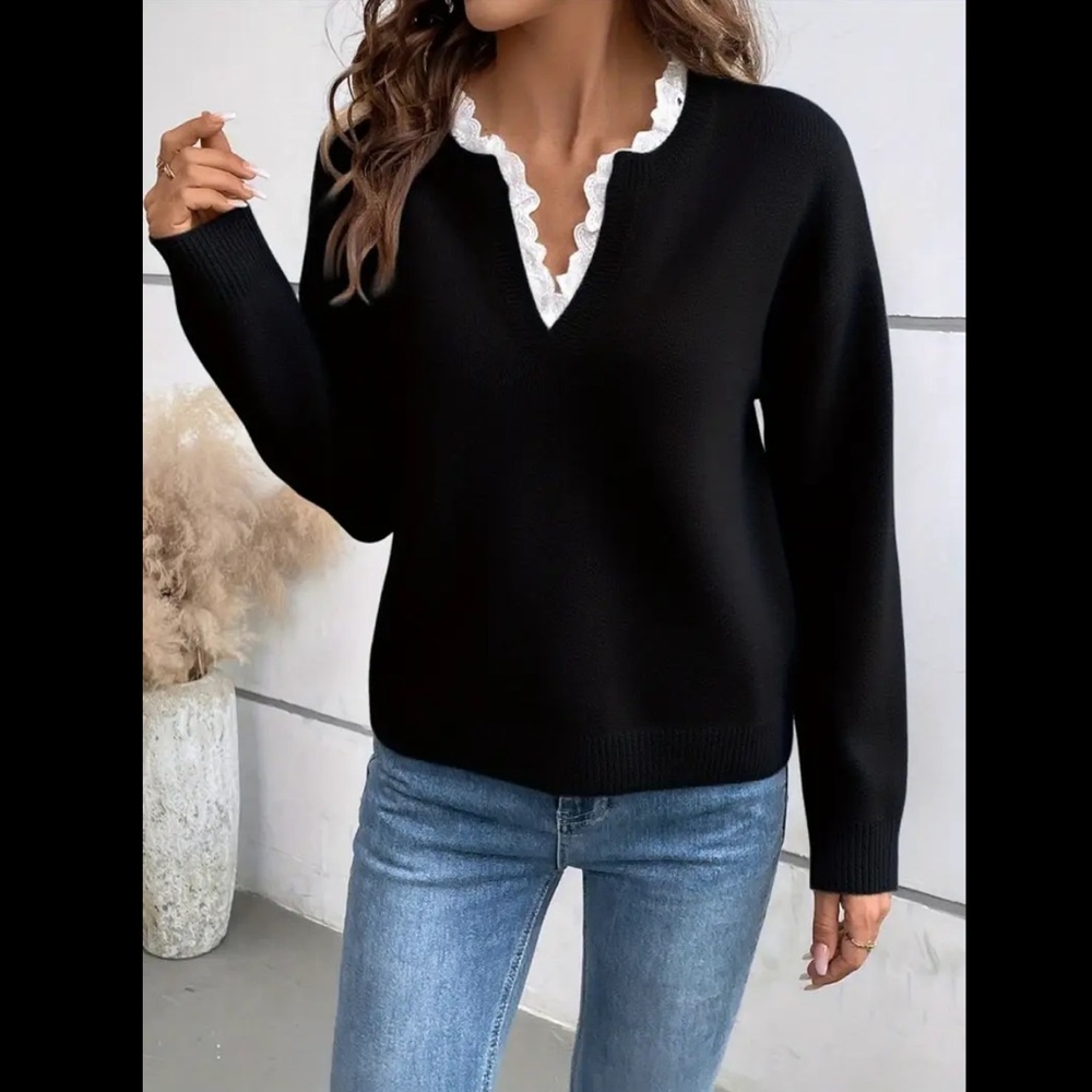 Knitted Sweater Dressy White Lace Trim Open Collar Stretchy Long Sleeve V-Neck